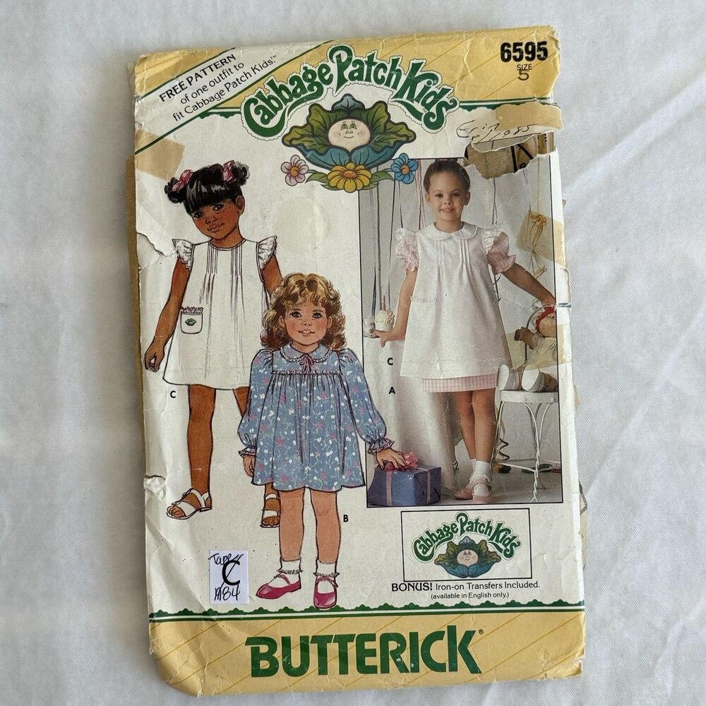 1984 Butterick 6595 Sewing Pattern Cabbage Patch Dress & Doll Dress Sz 5 CUT